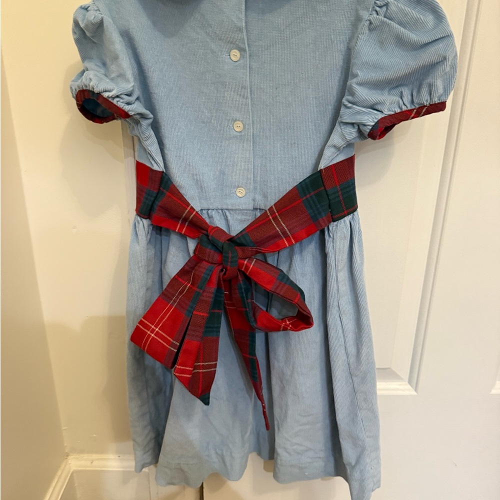 The Beaufort Bonnet (TBBC) Blue Corduroy Cindy Lou Sash Dress with Red Plaid Bow